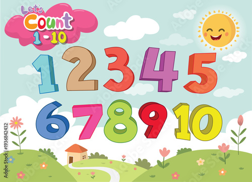 A bright, playful scene with numbers 1–10 in bold fonts, set against a cheerful landscape with a smiling sun, house, and flowers—perfect for engaging kids in counting fun