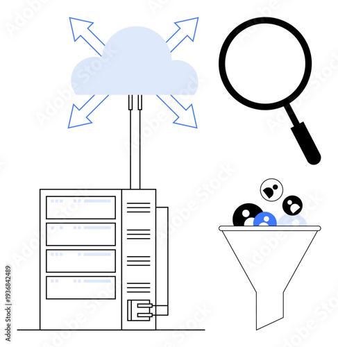 Data management. The image s data management through a cloud server, data funneling, and analysis with a magnifying glass. Suitable for cloud computing, AI, and data analytics . Applications include