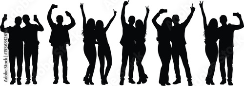 Friends taking selfie silhouettes group of young people celebrating happiness social media moment black silhouette isolated on white background