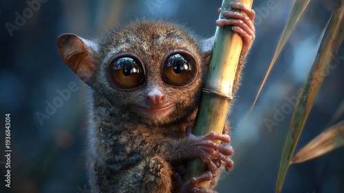 Tarsier with large luminous eyes clings to bamboo stalk
