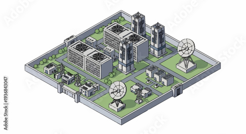 Isometric illustration of a futuristic industrial complex with green spaces.