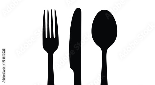 Striking black silhouette vector graphic illustration of a fork knife and spoon arranged vertically for dining concept design elements