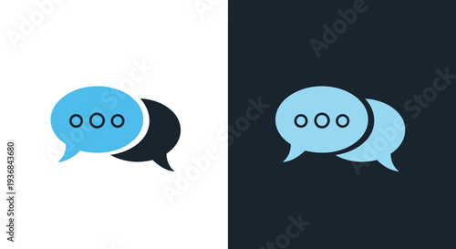 Two distinct graphic vector illustrations of overlapping communication speech bubbles featuring ellipsis dots displayed against light and dark backgrounds