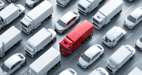 Red truck surrounded by white trucks and cars on a grey road