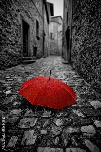 Red umbrella on cobblestone path in black & white European alley
