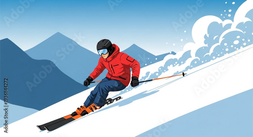 Skier Descending Snowy Mountain Slope in Winter.