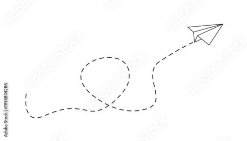 Paper airplane with dotted line. Abstract continuous line journey path, plane location, travel destination. Business startup journey trip
