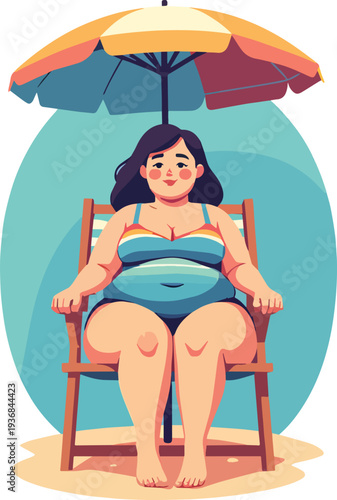 donna seduta su sedia al mare in spiaggia con ombrellone che prende il sole in costume da bagno vettoriale