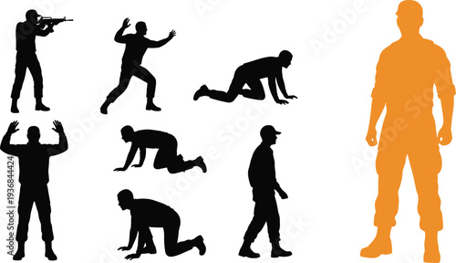 Black and orange military soldier silhouettes in various combat poses including crawling walking aiming rifle and surrendering with hands up