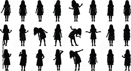 Black silhouettes of a little girl in a dress in various poses and expressive stances on white background