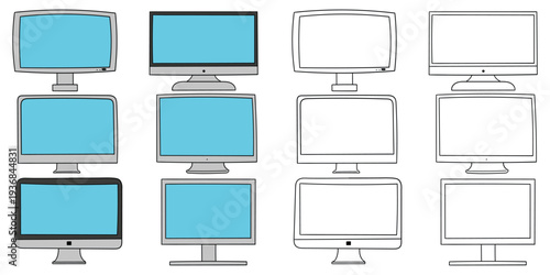 Hand-drawn cartoon and doodle set of computer monitors on a white background.