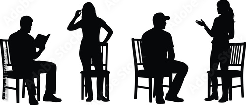 Black silhouettes of diverse people sitting and standing with wooden chairs including a man reading a book and a woman talking