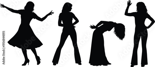 Black silhouettes of fashion women posing in various outfits and expressive stances isolated on white background for creative design