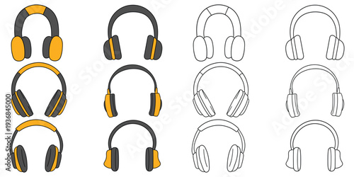 Hand-drawn cartoon and doodle set of wireless headphones on a white background.