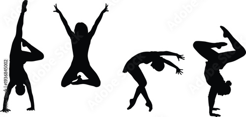 Black vector silhouettes of gymnasts and acrobats performing handstands and jumps showcasing extreme flexibility and athletic strength isolated on a plain white background for stock