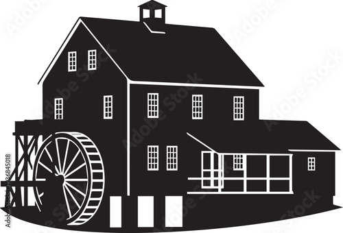 Historic water mill building with wheel and attached structure vector illustration silhouette