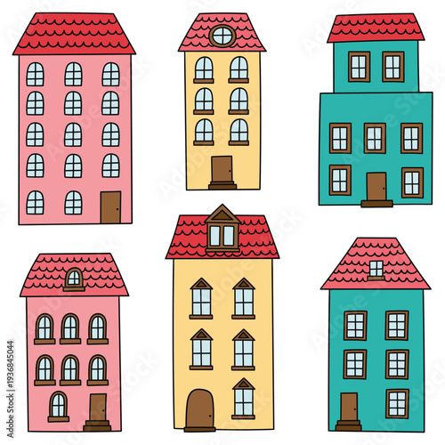 Hand-drawn cartoon set of houses on a white background.