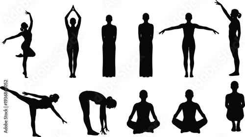 Collection of black female silhouettes practicing yoga poses, ballet dance movements, meditation, and fitness stretching exercises isolated on a white background for health and wellness designs.