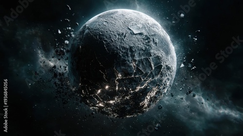 Disintegrating celestial body with glowing cracks in space
