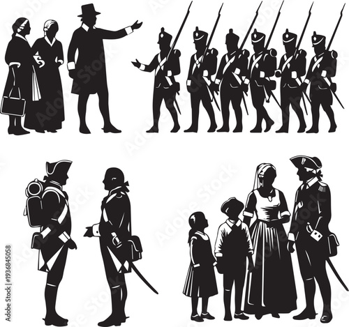Historical silhouettes of soldiers and civilians during revolutionary war period vector