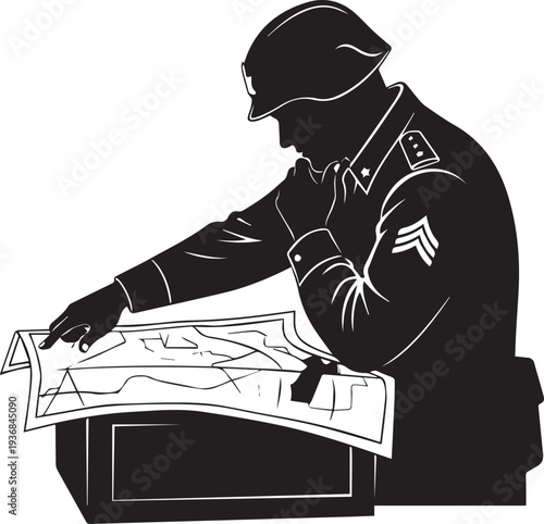Military soldier studying map for strategy planning vector silhouette illustration