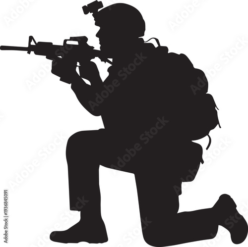 Modern soldier crouching with assault rifle vector silhouette illustration line art design