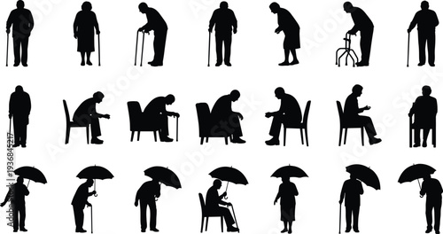Collection of Elderly People Silhouettes Sitting Standing and Walking with Canes or Walkers Isolated on White Background for Aging and Healthcare Concept Design