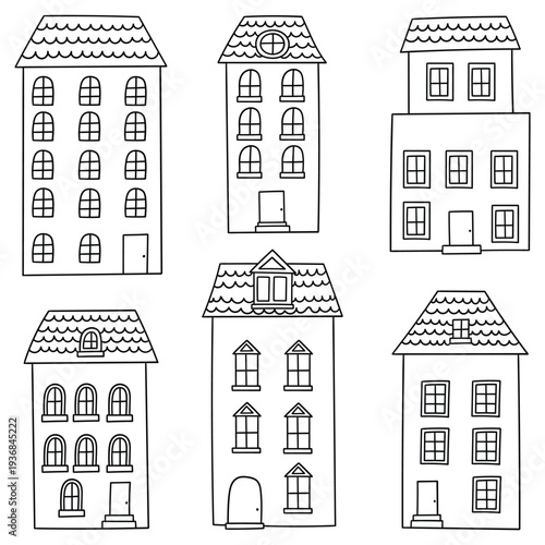 Hand-drawn doodle set of houses on a white background.