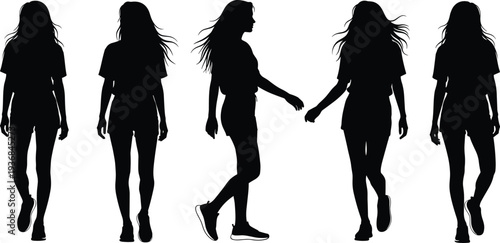 Collection of woman walking silhouettes in shorts and sneakers, female figure in casual summer outfit moving forward, girl strolling in various dynamic poses isolated on white background for design.