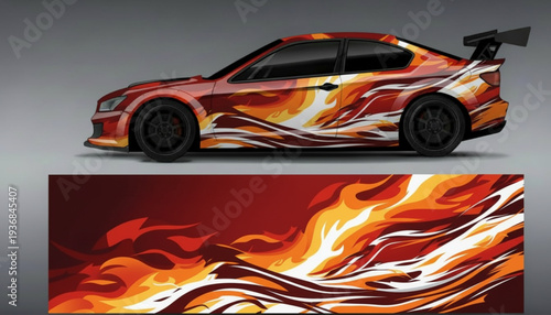 Sports car with a fiery flame graphic wrap design, showcasing the full abstract pattern on a separate strip below.