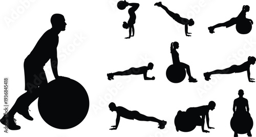 Diverse Set of Athletic Silhouettes Performing Stability Ball Exercises Including Planks Pushups and Core Training Poses for Fitness Wellness and Healthy Lifestyle Design Concepts