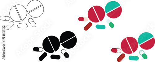 Medicine Pills Icon Set, Capsule and Tablet Pharmacy Vector Collection