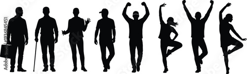 Diverse set of black people silhouettes featuring business professionals, elderly man with cane, and energetic dancers isolated on white background
