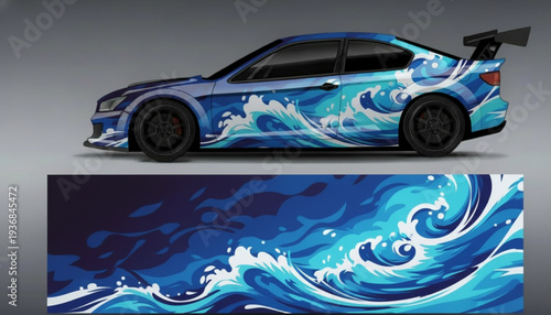 A blue sports car with a dynamic ocean wave decal design, showcasing the full vehicle and a detailed view of the graphic pattern.