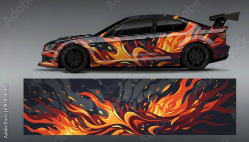 A sleek sports car with a custom fiery flame graphic wrap design, showcasing vibrant orange and red flames against a dark background.