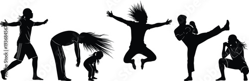 Large collection of black vector silhouettes featuring various women ballet dancers performing graceful yoga poses and athletic dance movements isolated on a clean white background for stock.