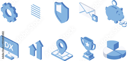 Isometric business and technology icons set including gear, security shield, email, piggy bank, analytics chart, location pin and trophy
