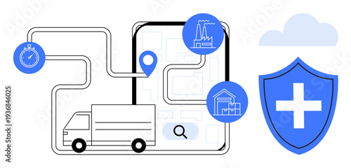 Logistics, supply chain, transport security, delivery tracking, route planning, inventory safety. A delivery truck on a route map with icons for locations and a shield. Logistics and transport