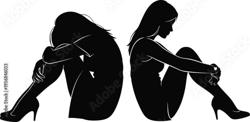 Sad lonely woman sitting on the floor with her head down, depressed girl feeling sorrow and grief, unhappy female silhouette experiencing heartbreak, stress, and anxiety.