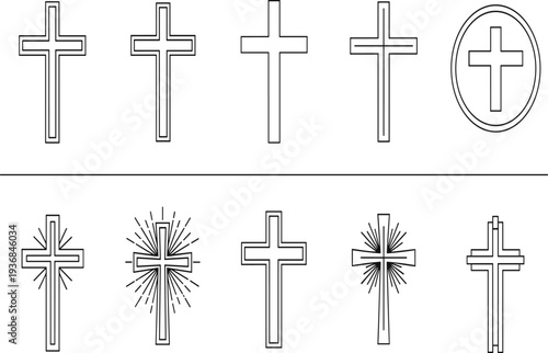Collection of ten black and white line Christian cross with varied and styles christianity religion symbol