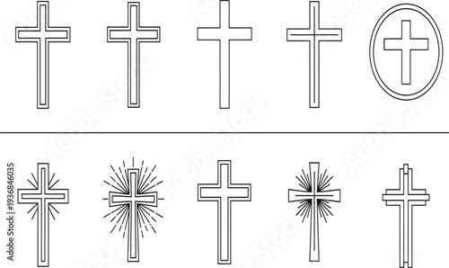 Collection of ten black line Christian cross symbols with varied and a circular frame religious symbol