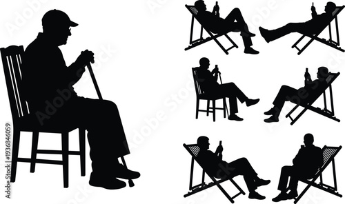 Senior Man Silhouettes Relaxing in Chairs and Using Smartphone Devices for Technology and Retirement Lifestyle Concept Isolated on White Background Graphics