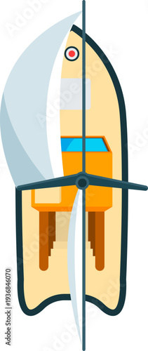 Sailing boat cartoon icon. Yacht top view