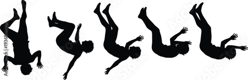 Sequence of black vector silhouettes showing a person falling or tumbling through the air in various mid-air positions isolated on a white background for design.