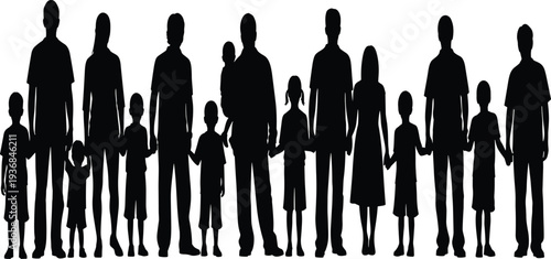 Silhouette of diverse group of adults and children holding hands in unity, symbolizing family, community, connection, togetherness, and social inclusivity
