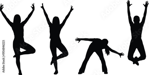 Set of black silhouettes of active young women dancing jumping and posing in expressive joyful positions isolated on white background