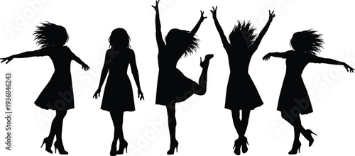 Set of black silhouettes of active young women in streetwear dancing and posing in expressive hip hop positions isolated on white background