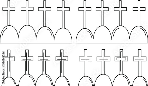 Four rows of simple black outline crosses on rounded mounds religious symbol christianity faith