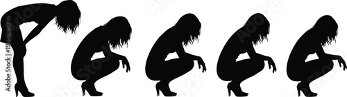 Set of black silhouettes of active young women in streetwear dancing and posing in expressive hip hop positions isolated on white background