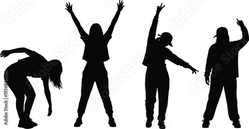 Set of black silhouettes of urban girls in streetwear dancing and posing in expressive hip hop positions isolated on white background